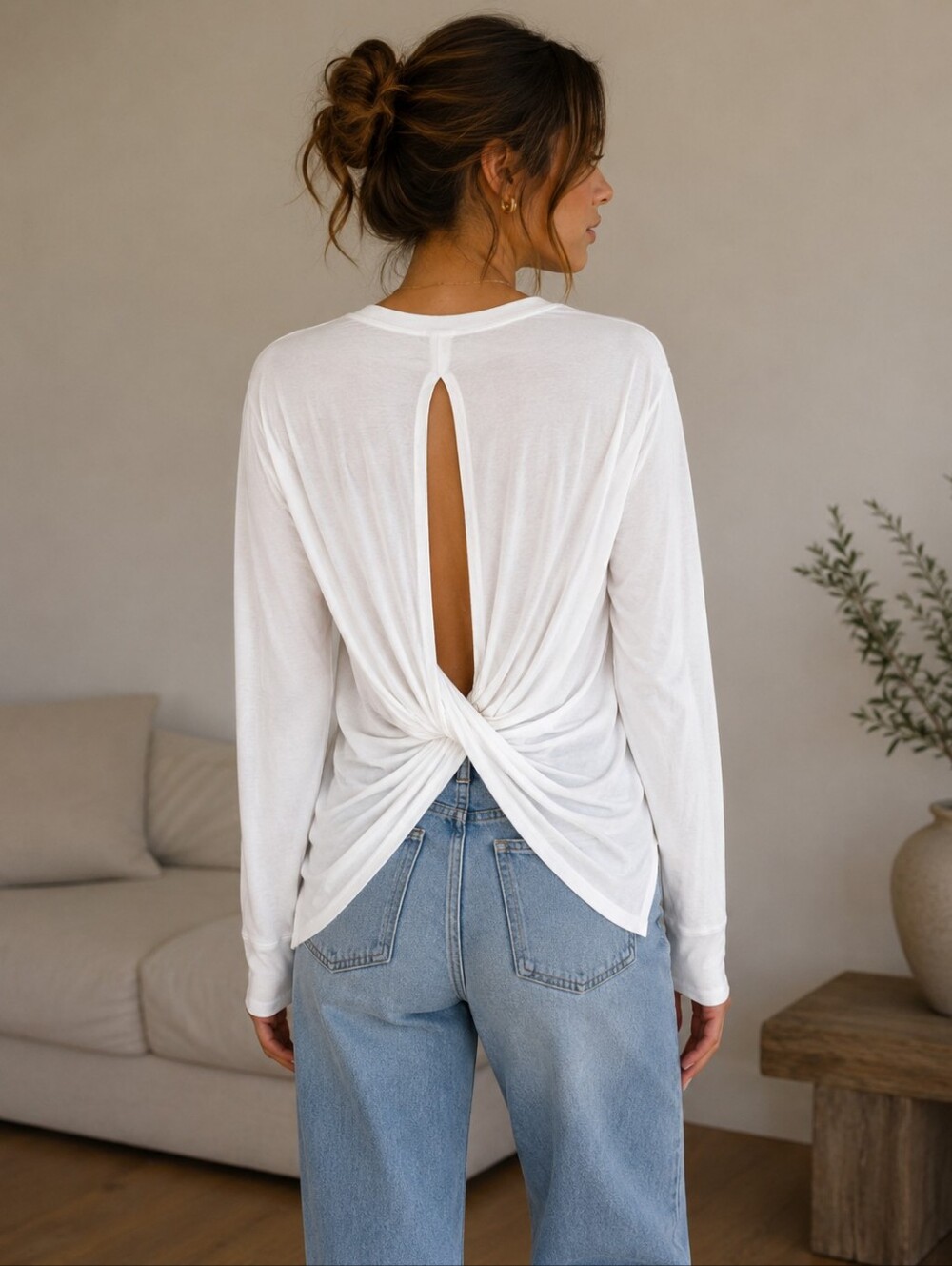 Helmut Lang White Back Twist Long Sleeve Crew Tee
